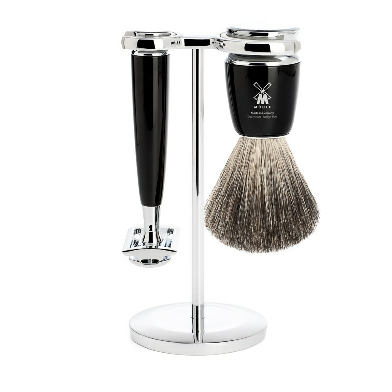 Se Mühle Barbersæt: DE-Skraber, Pure Badger Barberkost og Holder, Rytmo, Sort Resin (1 sæt) hos Proshave